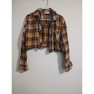 Arizona Jean Co Cropped Mustard Yellow Black Plaid Button Down Flannel Size M